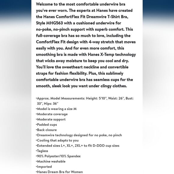 Hanes ComfortFlex Fit Dreamwire T-Shirt Bra, Style MHG563 Size XL + - Picture 9 of 9